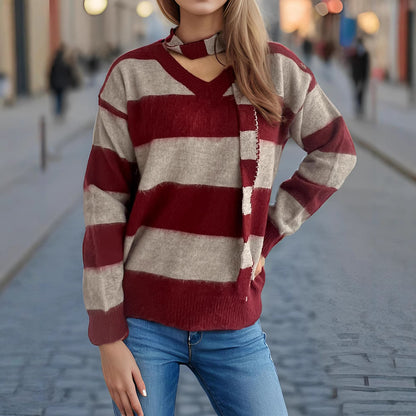 Pull-over en tricot décontracté pour femmes avec motif à rayures moderne et écharpe décorative Chic und Stil
