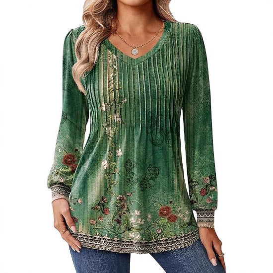 Blouse à manches longues pour femmes avec décolleté en V et dégradé de couleurs artistique Chic und Stil