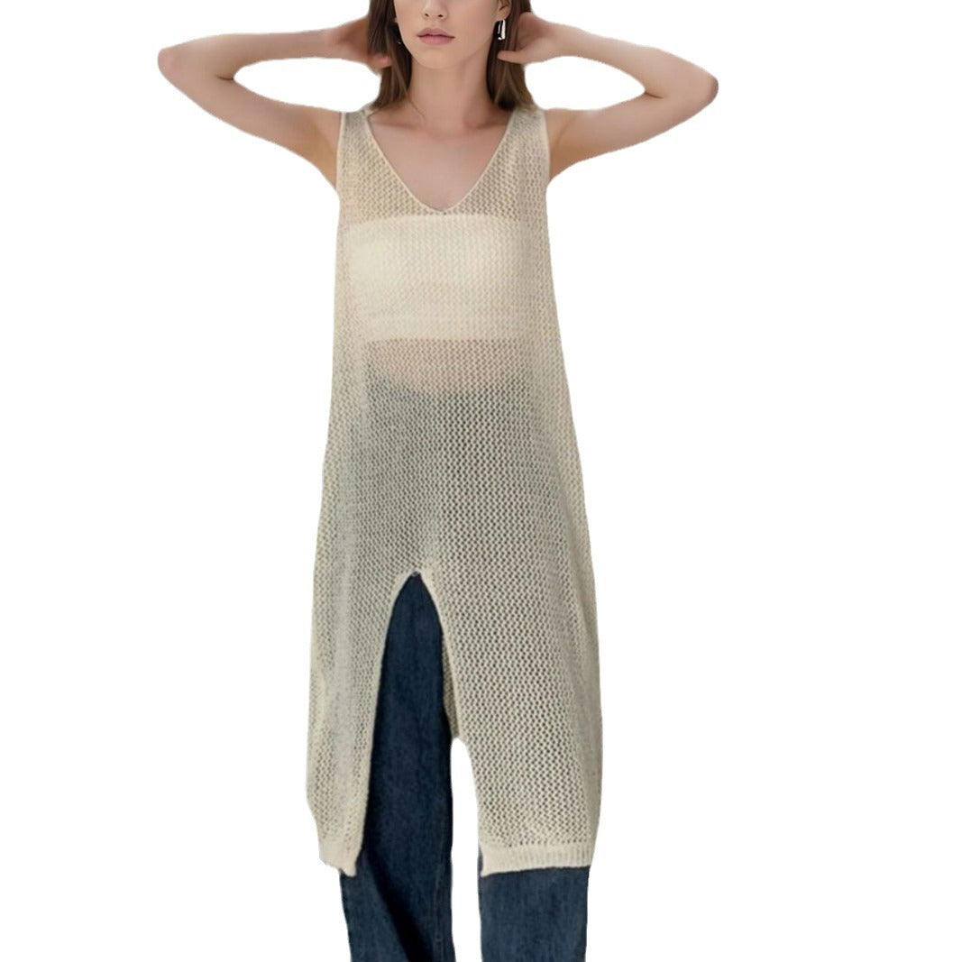 Robe en tricot aérien pour femmes avec fentes latérales et décolleté en V moderne Chic und Stil