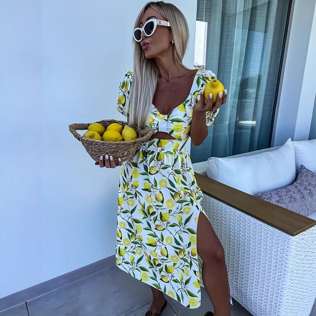 Robe maxi pour femmes avec imprimé fruité et fente latérale Chic und Stil