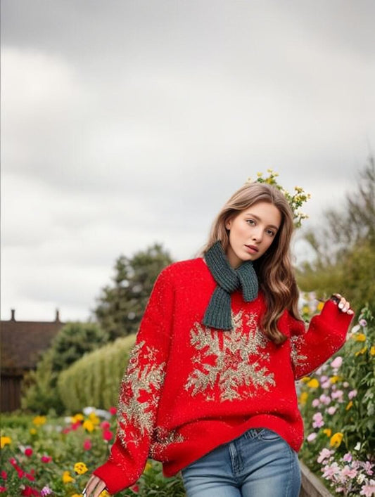 Pull de Noël pour femmes avec motif de flocons de neige festif et coupe large Chic und Stil