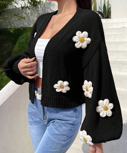 Cardigan court en tricot pour femmes avec un motif floral fantaisiste Chic und Stil
