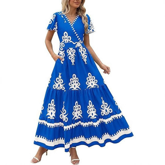 Robe maxi femme avec décolleté en V et détails de broderie contrastés Chic und Stil