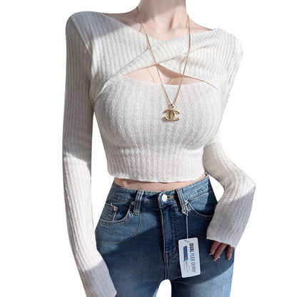 Dames Cut-Out Manches Longues Ripp Crop Top Chic und Stil