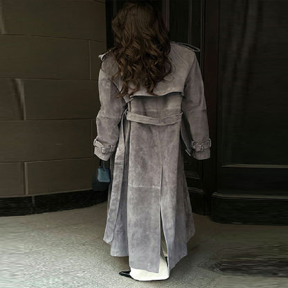 Dames élégant long trench coat en daim doux Chic und Stil