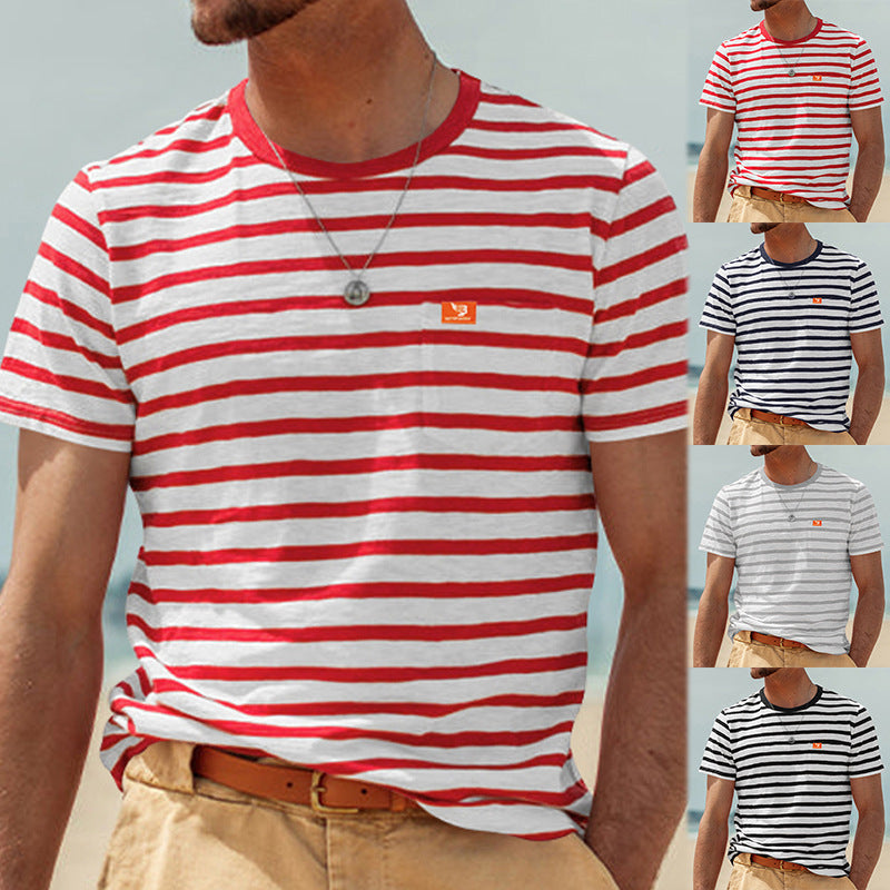 T-shirt à manches courtes rayé pour hommes avec poche poitrine et col rond Chic und Stil