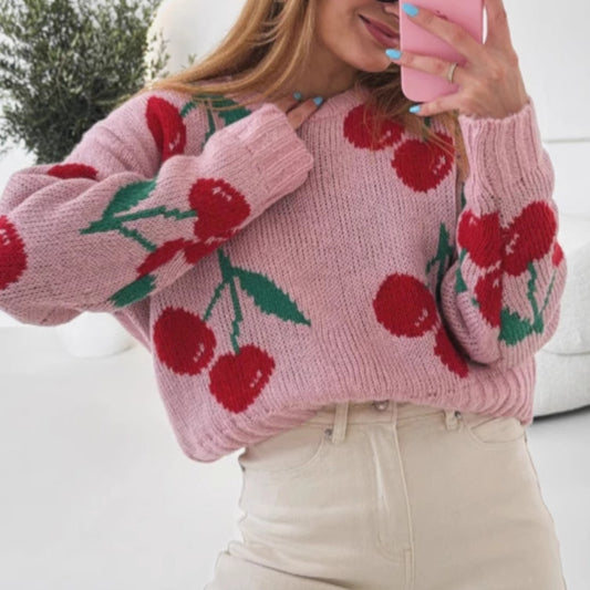 Pull décontracté pour femmes avec motif cerise fruité et tricot doux Chic und Stil