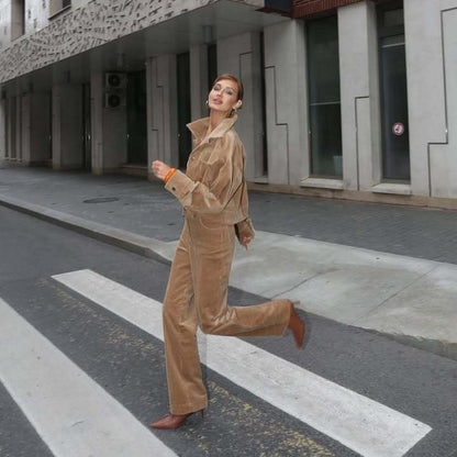 Corduroy jacket for women with a cropped top and high-waisted pants Chic and Style