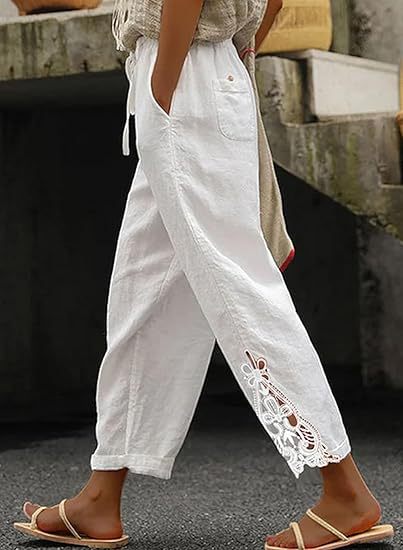Airy linen trousers for ladies with decorative embroidery Chic and Style