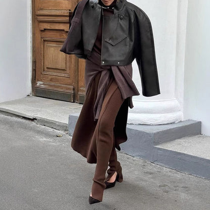 Ladies Elegant Leather Jacket with Textured Design and Asymmetrical Cut Chic and Style