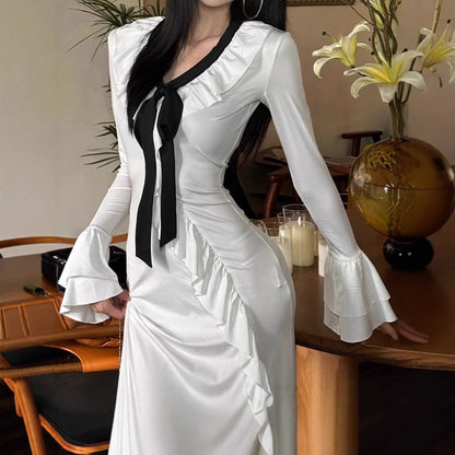 Dames Élégante Robe Maxi avec Détails Volants et Élégant Ruban à Nouer Chic und Stil