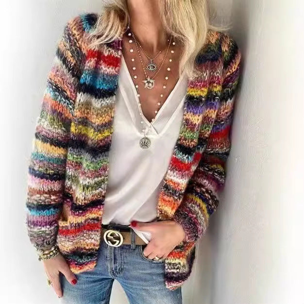 Dames Cardigan ouvert tricoté avec des rayures colorées et une coupe décontractée Chic und Stil