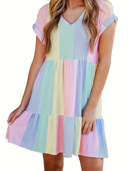 Robe d'été décontractée pour femmes au design moderne à rayures avec décolleté en V et volants Chic und Stil