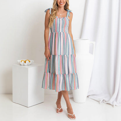 Robe maxi rayée pour femmes avec bretelles spaghetti réglables Chic und Stil