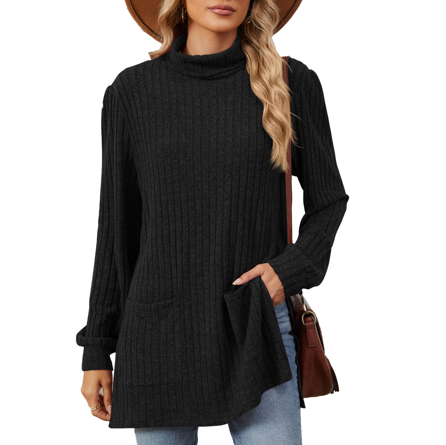 Dames élégant haut en maille structurée avec col montant et poches latérales Chic und Stil