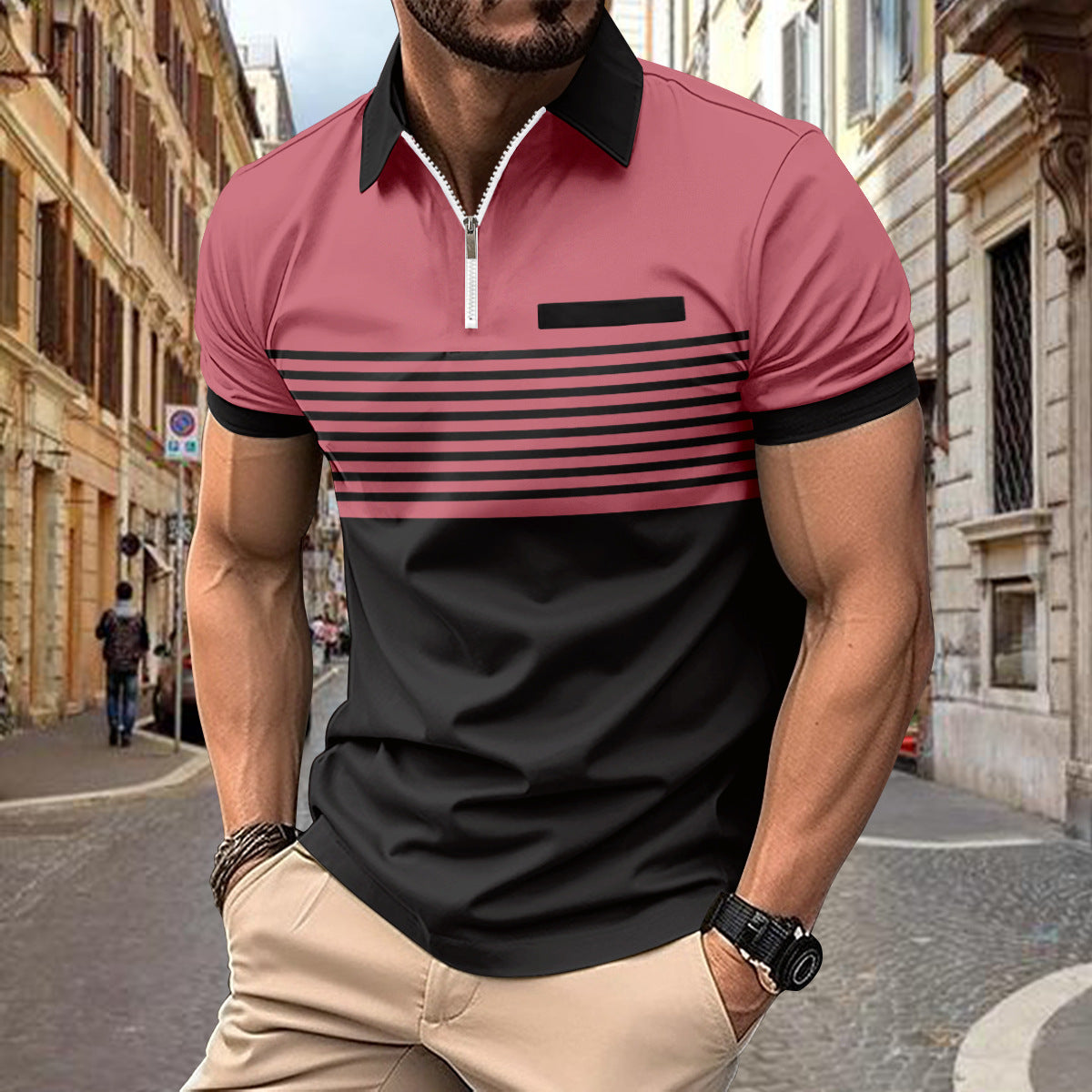 Hommes Polo-Shirt Zip à Rayures Contrastées Modernes Chic und Stil