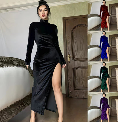 Femmes Élégante robe maxi à design haut fermé et fente latérale Chic und Stil