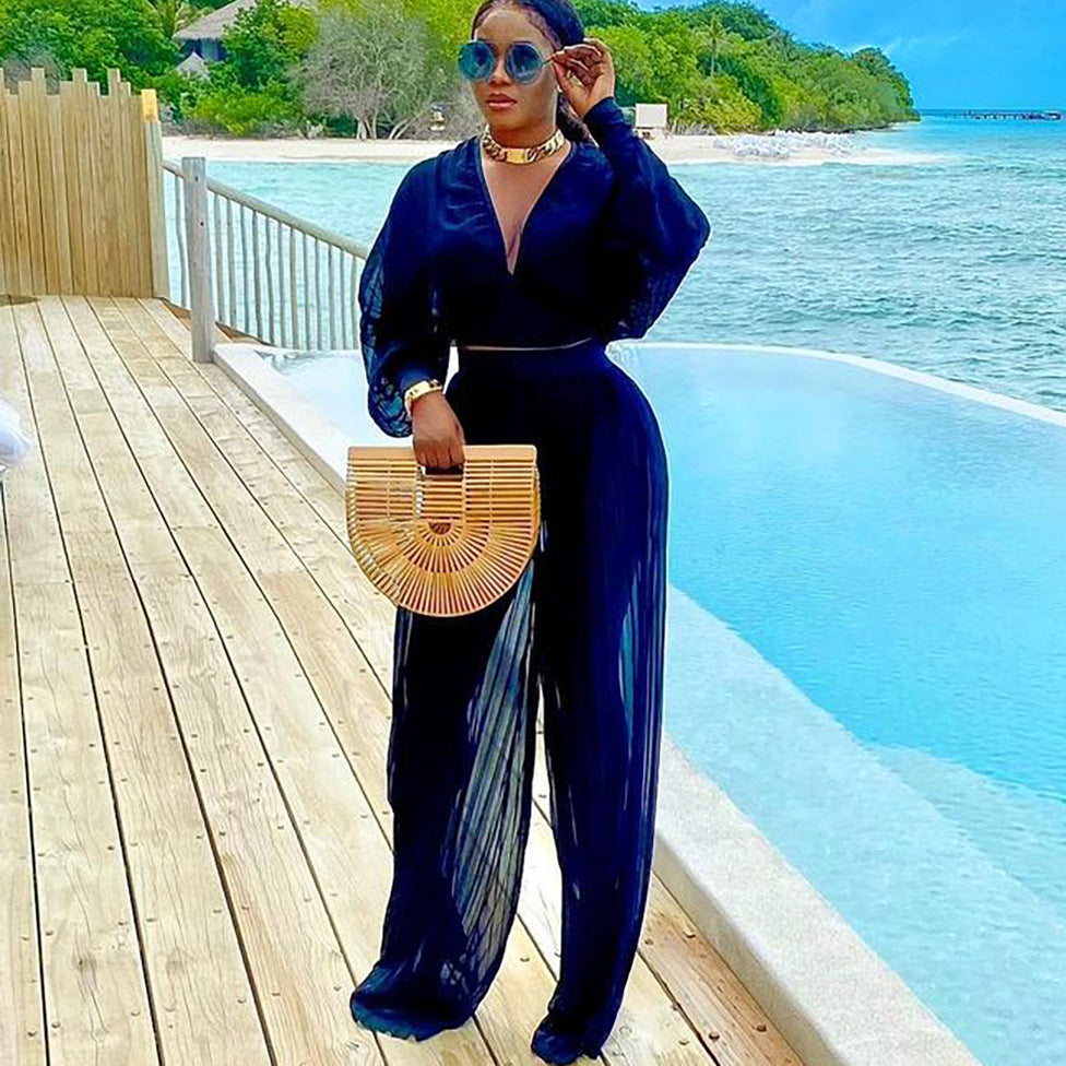 Dames Ensemble élégant en deux pièces avec une coupe ample et un décolleté en V profond Chic und Stil