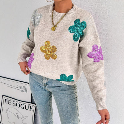 Pull en tricot pour femmes avec des appliqués de fleurs scintillants Chic und Stil