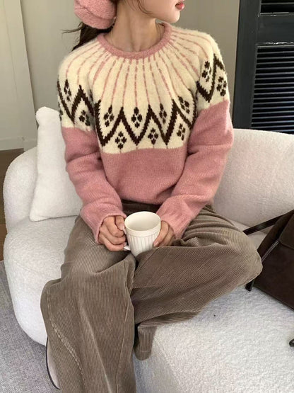 Dames Pull en maille confortable avec imprimé géométrique et col rond Chic und Stil