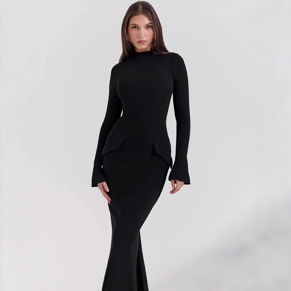 Femme Robe longue élégante et ajustée à manches longues avec un design moderne Chic und Stil