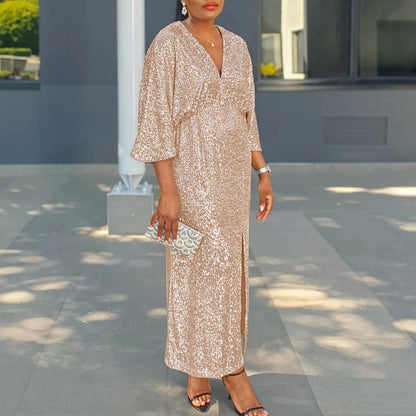 Robe de soirée scintillante pour femmes avec fente profonde et manches bouffantes luxueuses Chic und Stil