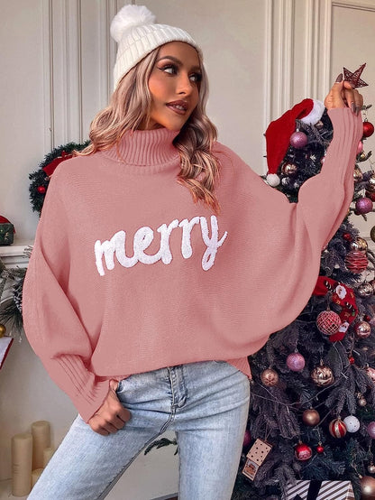 Pull à col roulé surdimensionné pour femmes avec inscription festive Chic und Stil