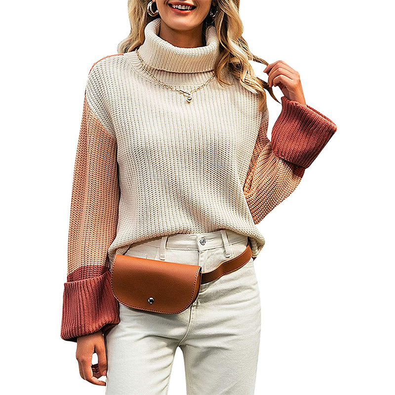 Pull en grosse maille pour femmes avec col haut et manches contrastantes Chic und Stil
