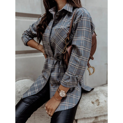 Robe chemise à manches longues pour femmes avec ceinture ajustable et design à carreaux tendance Chic und Stil