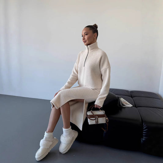 Femme pull en tricot à la mode avec fermeture éclair courte Chic und Stil