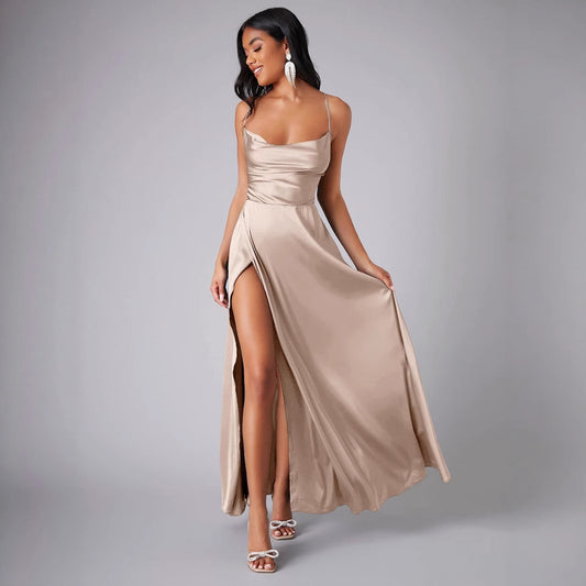 Dames Élégant Satin Robe Maxi Chic und Stil