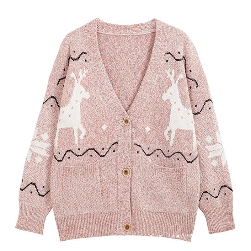 Ladies Comfortable Pullover with Reindeer Pattern and Pockets Chic and Style