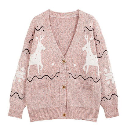 Ladies Comfortable Pullover with Reindeer Pattern and Pockets Chic and Style