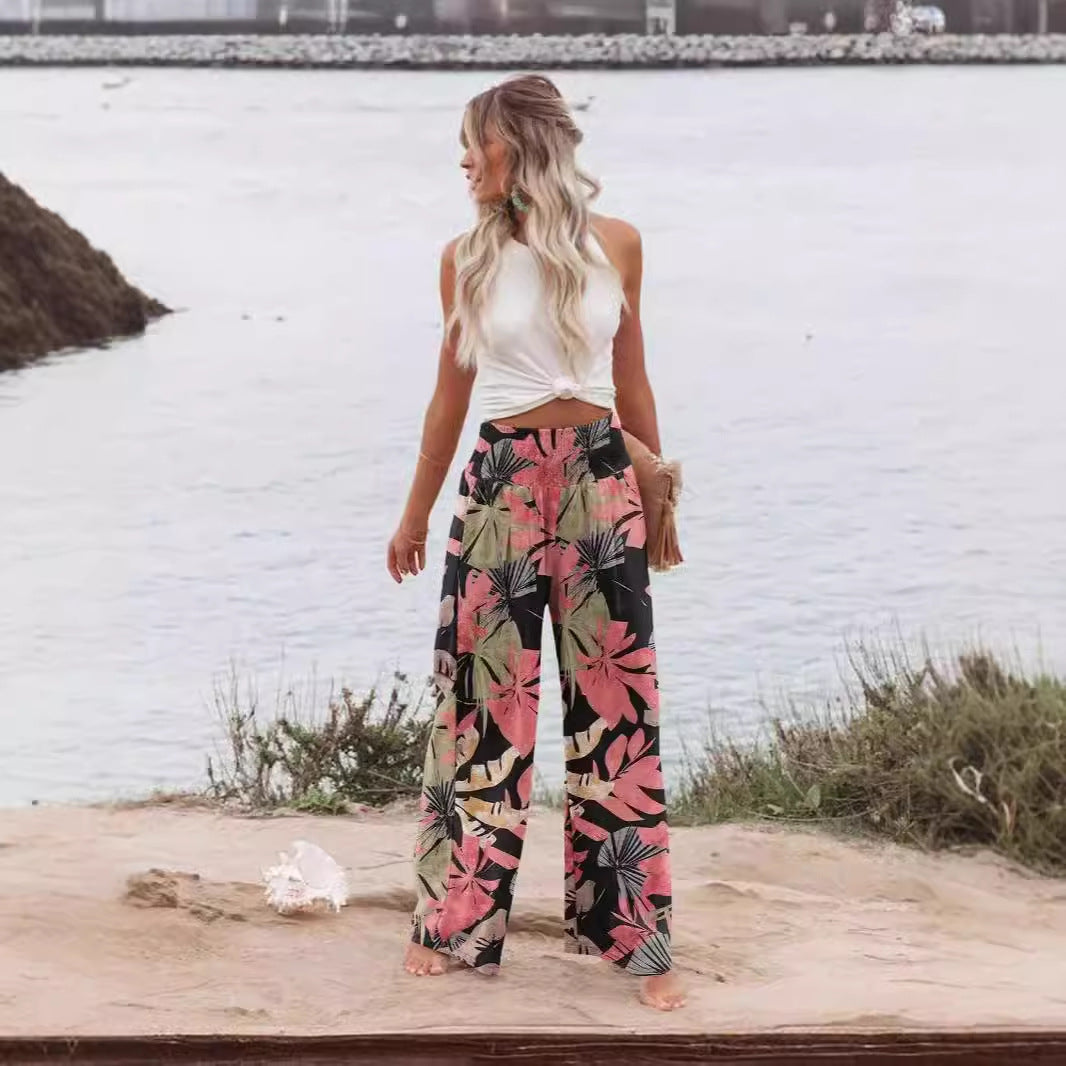 Chic and Style Women's Palazzo Pants with Elastic Waist and Floral Pattern