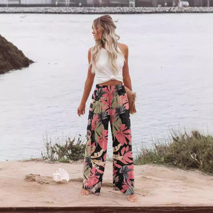 Chic and Style Women's Palazzo Pants with Elastic Waist and Floral Pattern