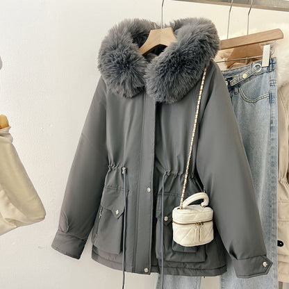 Multifunctional winter jacket for women with removable faux fur collar and adjustable waist drawstring Chic and Style