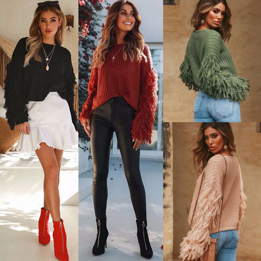 Pull en tricot pour femmes avec des manches à franges volumineuses et une coupe moderne Chic und Stil