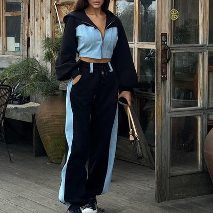 Ladies Two-Piece Sports Set with Crop Top and Loose Pants Chic and Style