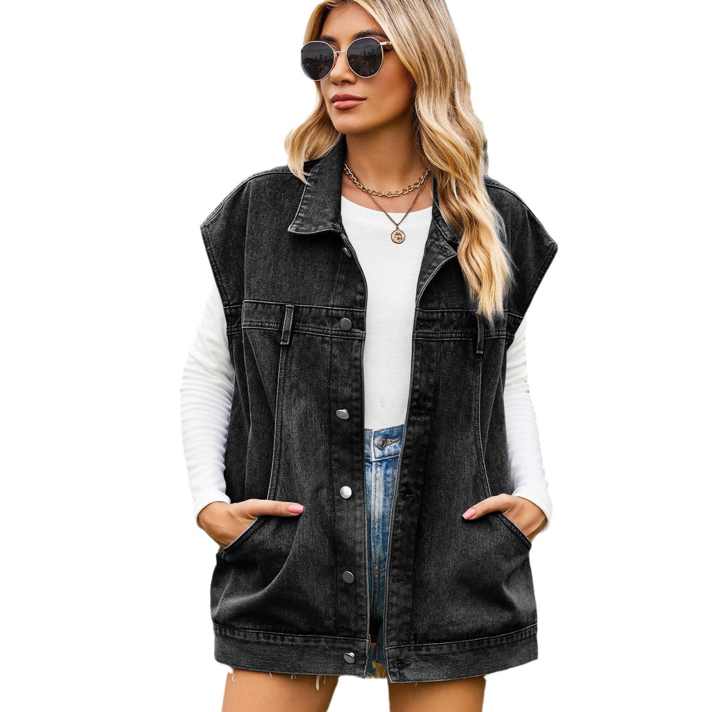 Dames gilet en denim au style oversized moderne avec poches pratiques Chic und Stil
