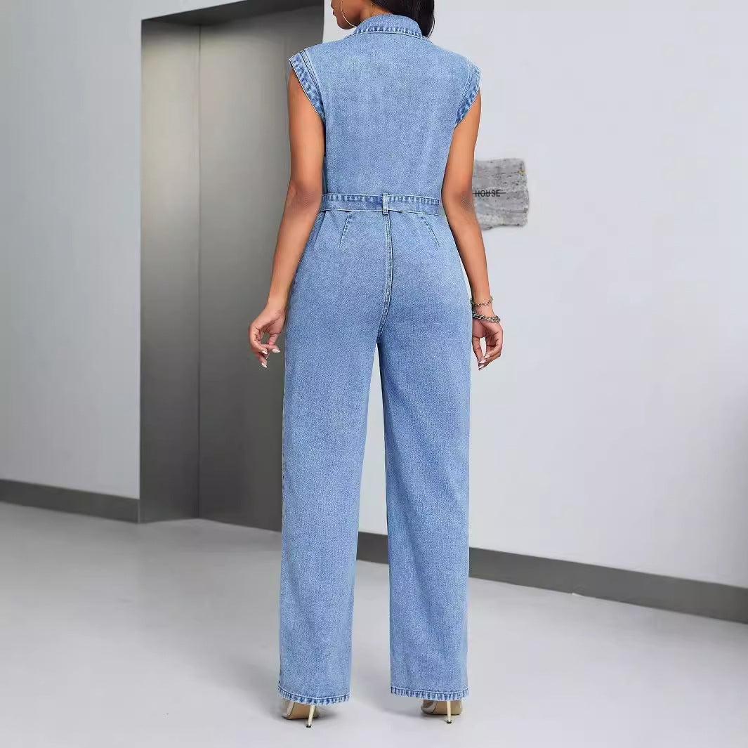 Combinaison en jean tendance pour femmes avec poches appliquées et lien à la taille Chic und Stil