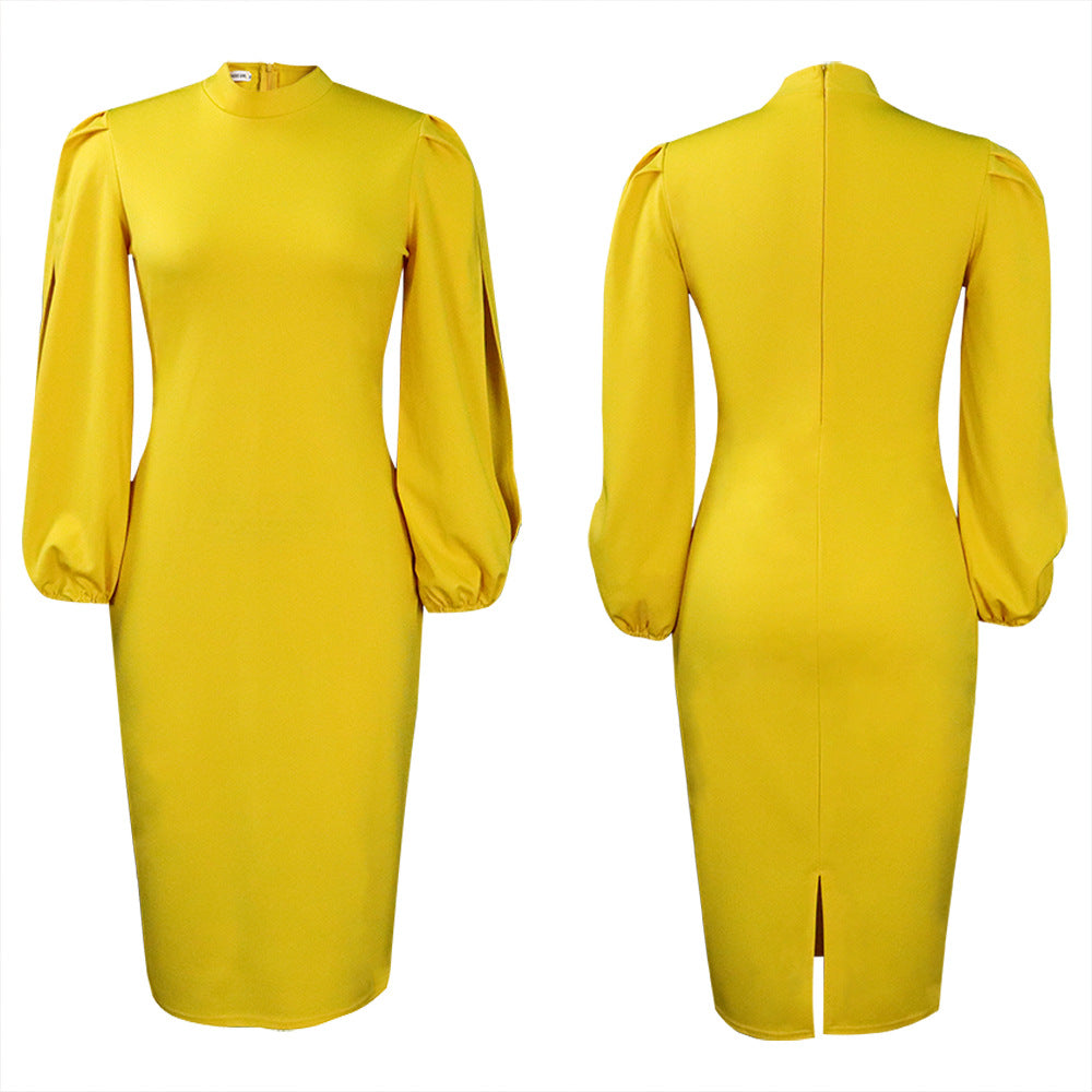 Dames Élégant Robe Bodycon à Manches Bouffantes et Col Haut Chic und Stil