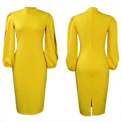 Dames Élégant Robe Bodycon à Manches Bouffantes et Col Haut Chic und Stil