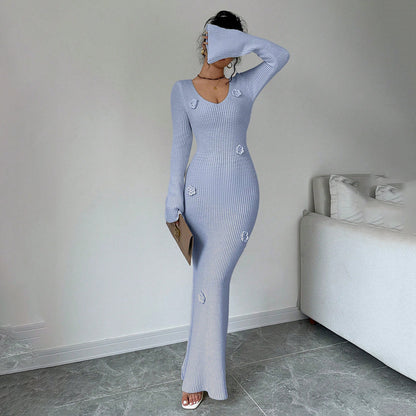 Robe maxi pour femmes avec un élégant tricot en côtes et des applications florales à la mode Chic und Stil