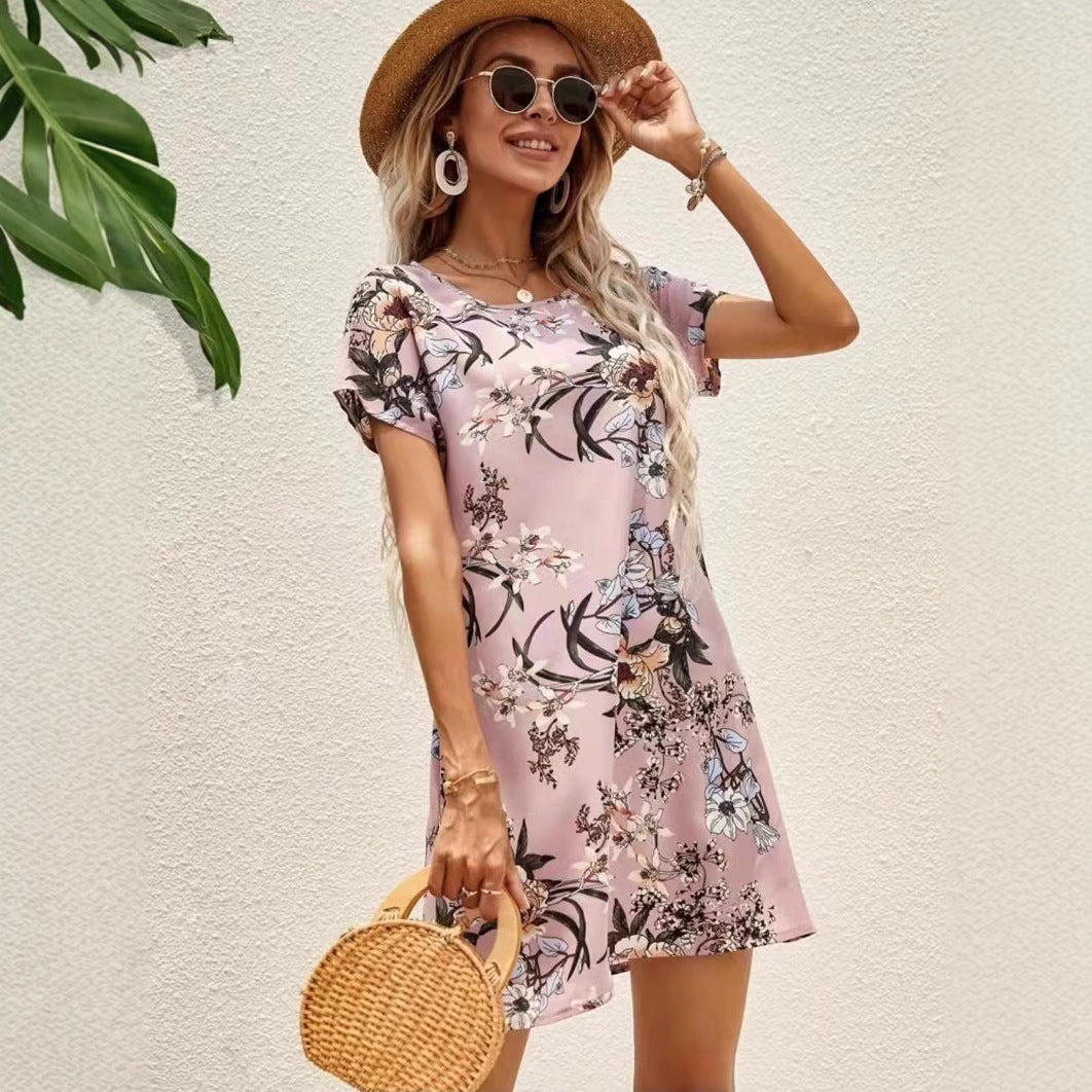 Dames Manches Courtes Imprimé Floral Tunique Robe Chic und Stil