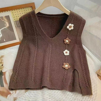 Dames gros tricot gilet avec décolleté en V et accents floraux Chic und Stil