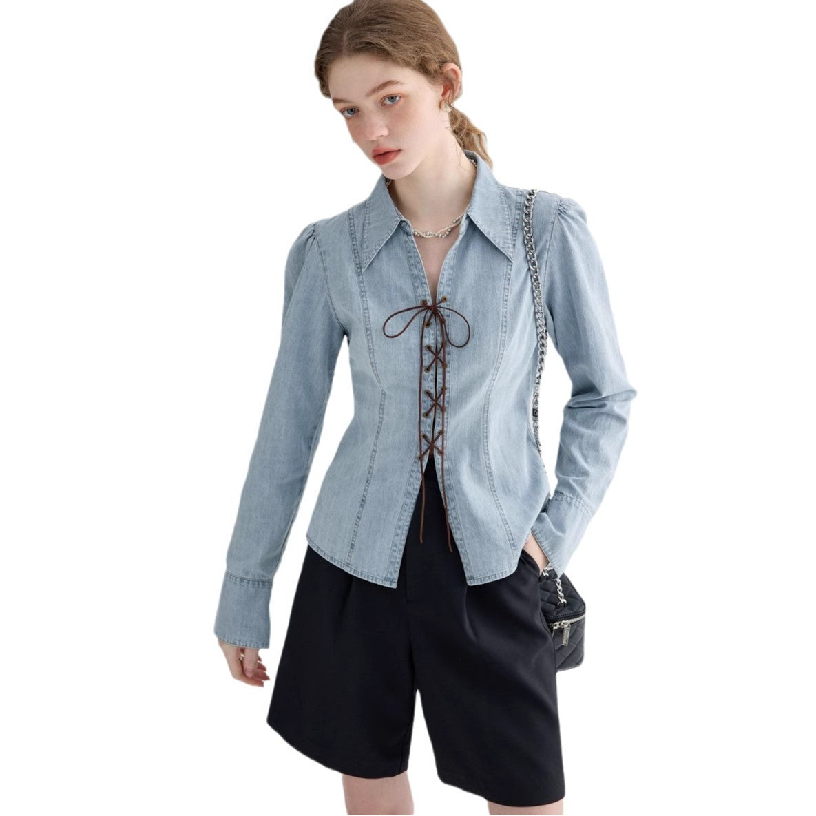 Blouse en jean élégante pour femmes avec fermeture en dentelle Chic und Stil