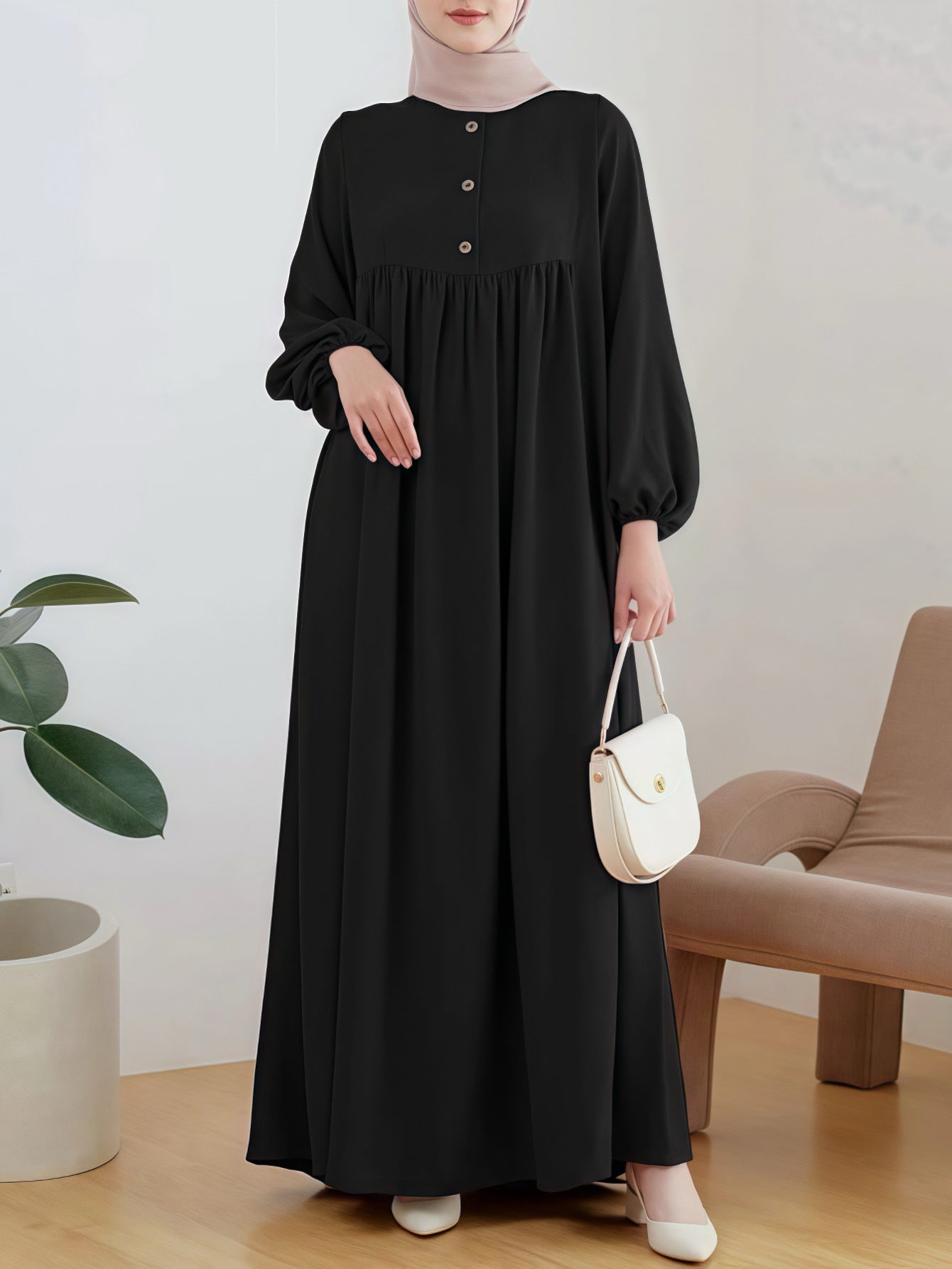 Robe maxi légère pour femme avec boutonnage confortable et élégantes manches bouffantes Chic und Stil