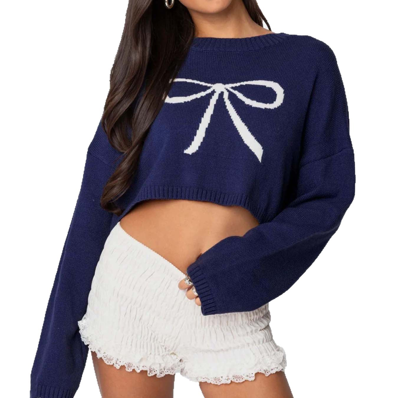 Femme pull court décontracté avec motif de nœud décoratif Chic und Stil