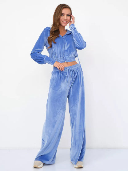 Dames Ensemble de loungewear en velours luxueux avec capuche et taille élastique Chic und Stil