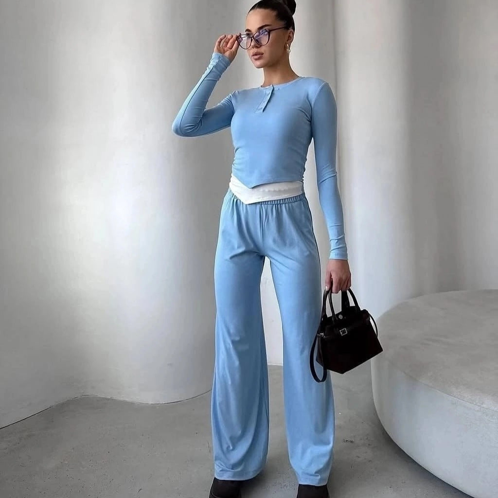Fashionable lounge set for women with a versatile top and chic elastic pants.